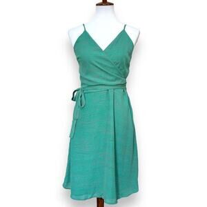 WAYF Womens A-Line Dress Green Coral Dot Sleeveless Surplice Neck Zip L New